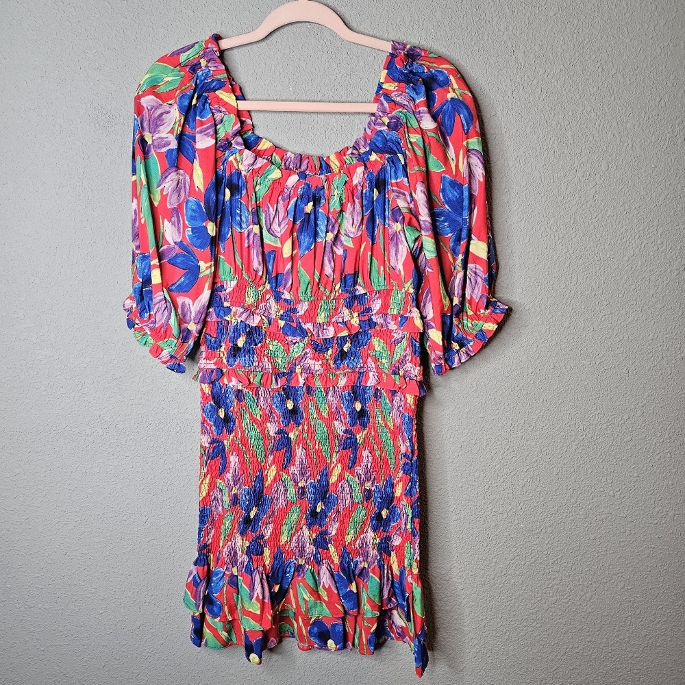 Skies‎ Are Blue Dress Medium Red Blue Floral Shirred Mini Puff Sleeve Bodycon
